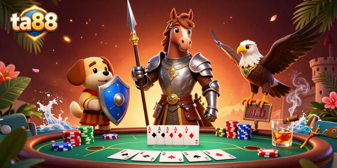 Experience thrilling poker action with ta88, featuring knights and colorful poker chips in a dynamic casino scene.