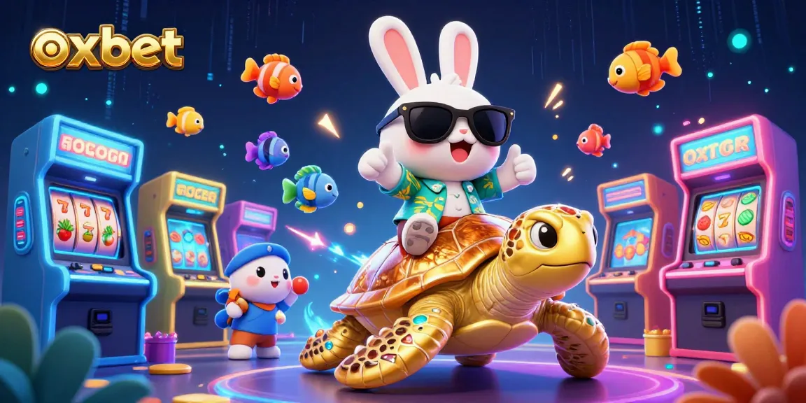 Engage with oxbet's vibrant 3D casino world, featuring lucky rabbit and golden turtle amidst playful game elements.