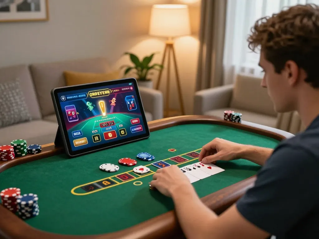 Player enjoying a live blackjack game on 8kbet from a cozy home environment, showcasing an immersive online gaming experience.