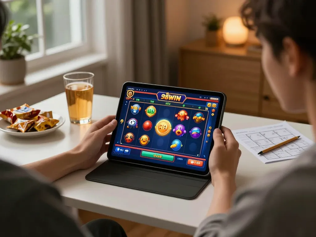 Nổ Hũ 98WIN slot game played on a tablet in a cozy home setting, focusing on strategy and engagement.