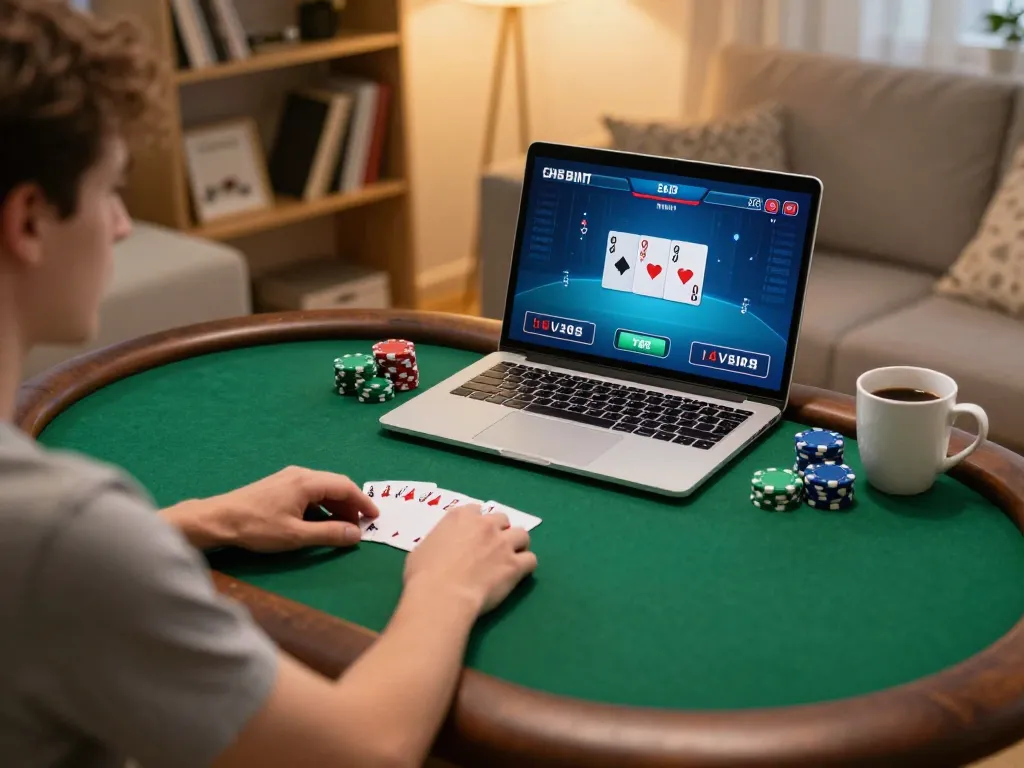cm88betjuara player enjoying engaging online poker game on laptop in a cozy home setting