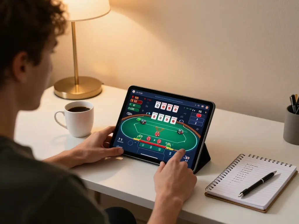 Player engaging with keonhacai5 online casino interface along with strategic notes in cozy home.