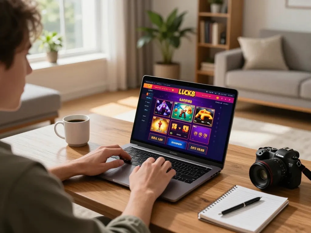 Engaging in online gaming strategies at LUCK8 with a cozy home setup featuring a laptop and notes.