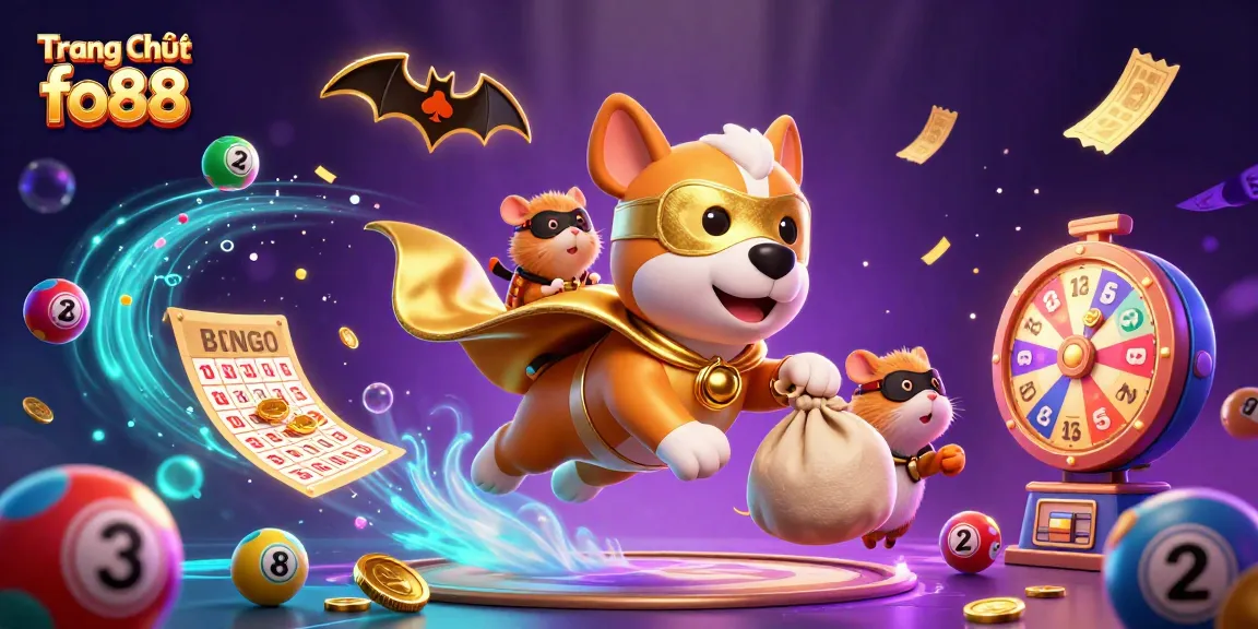 Join the fun with Trang Chủ fo88's vibrant 3D depiction of a superhero dog and hamster flying among lottery elements.