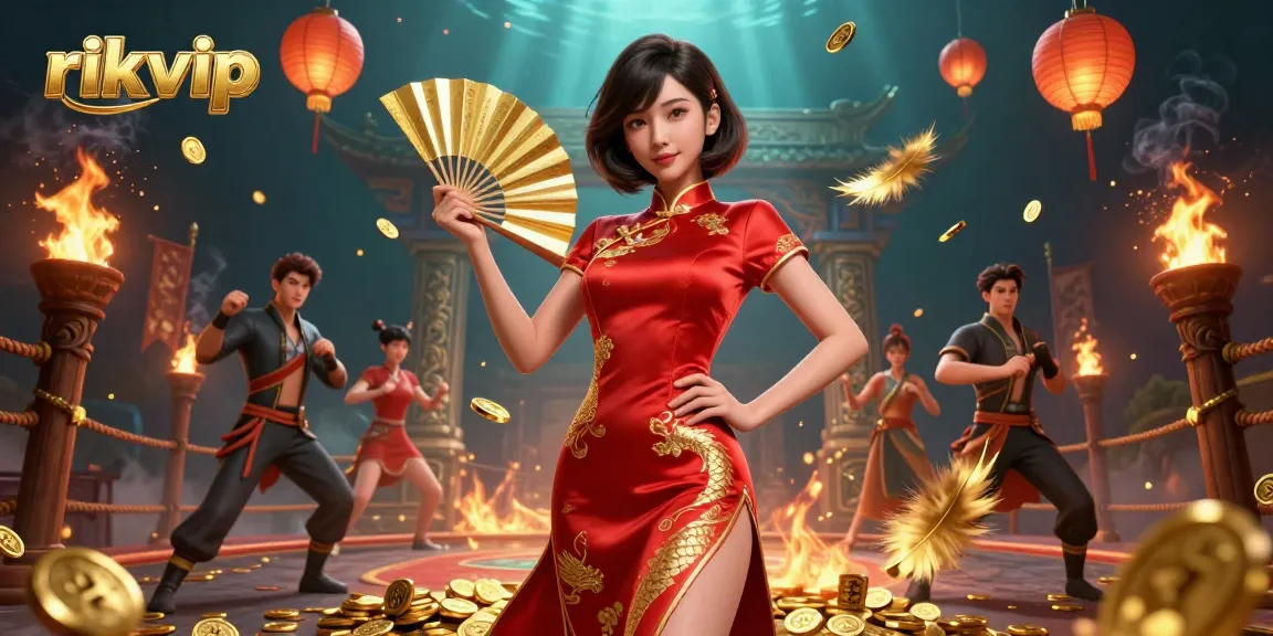 Win big at rikvip with a vibrant casino-themed illustration featuring gold coins and lanterns.
