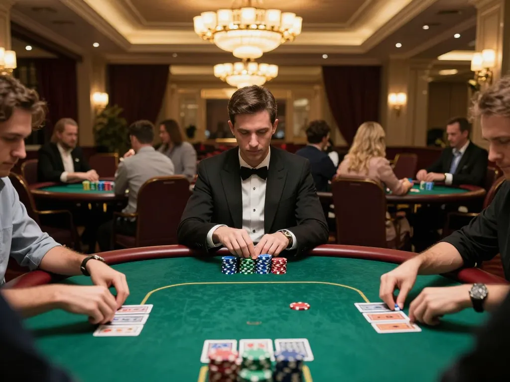 A23win players engaged in a high-stakes poker game at a luxurious casino table.