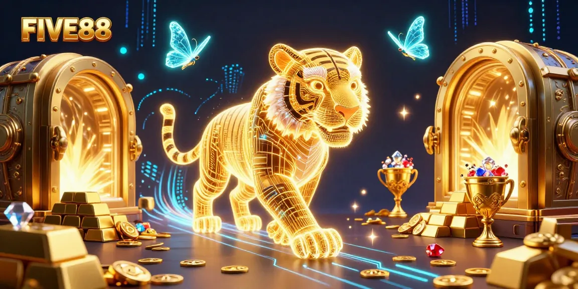 Experience the neon glow of FIVE88's casino, featuring golden elements and a striking tiger.