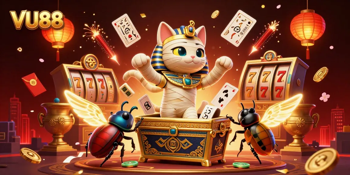 Experience thrilling moments at VU88 casino with a vibrant mummy cat and golden treasures.