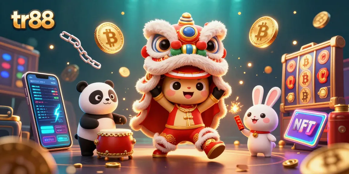 Experience the excitement of tr88 with a festive 3D casino scene featuring animated characters and vibrant slot elements.