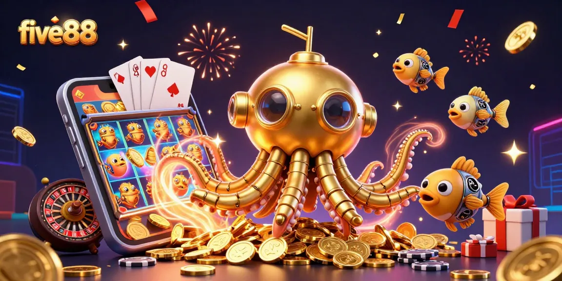 Experience thrilling wins at five88 with vibrant 3D casino illustration showcasing golden kraken and slot games.