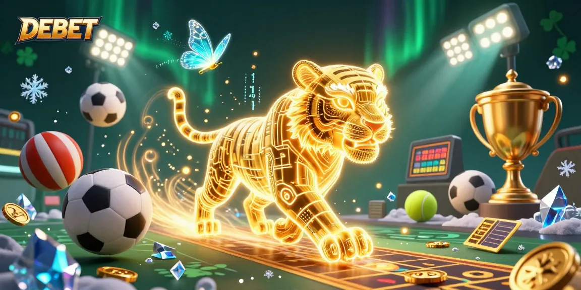 Experience the thrill of DEBET with a dynamic casino scene featuring a golden tiger and sports elements.