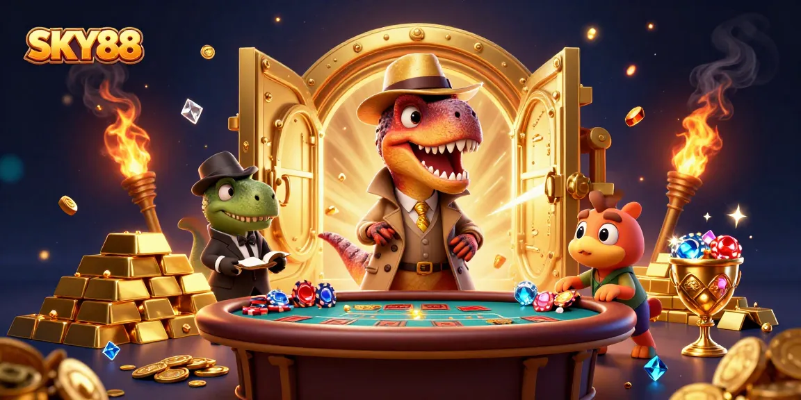 SKY88 showcases a thrilling casino scene featuring a velociraptor card counter amidst treasure and excitement.