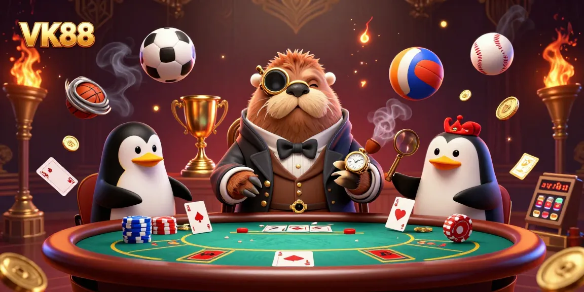 Engage in an exciting VK88 poker game scene with vibrant casino elements and animated characters.