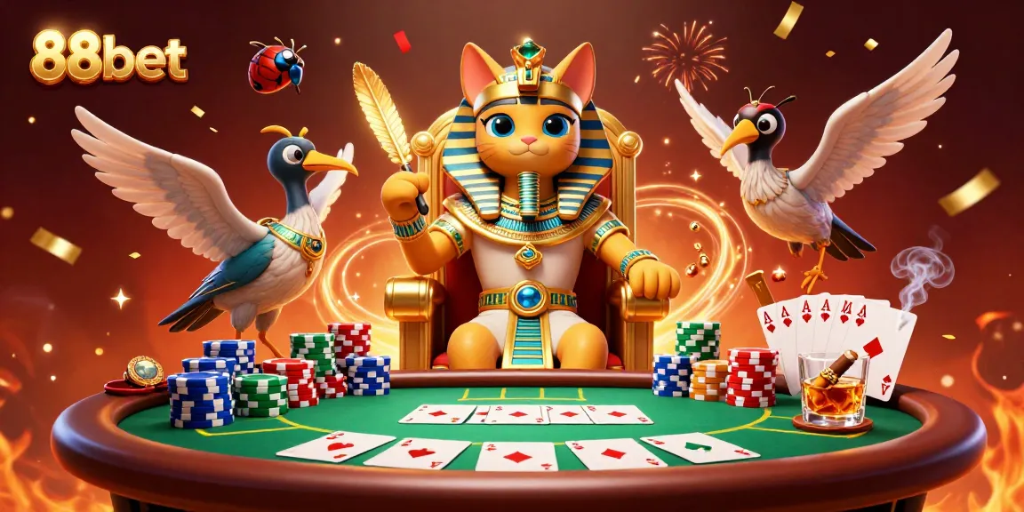 Engage with exciting gaming action at 88bet featuring a pharaoh cat, poker elements, and vibrant casino ambiance.