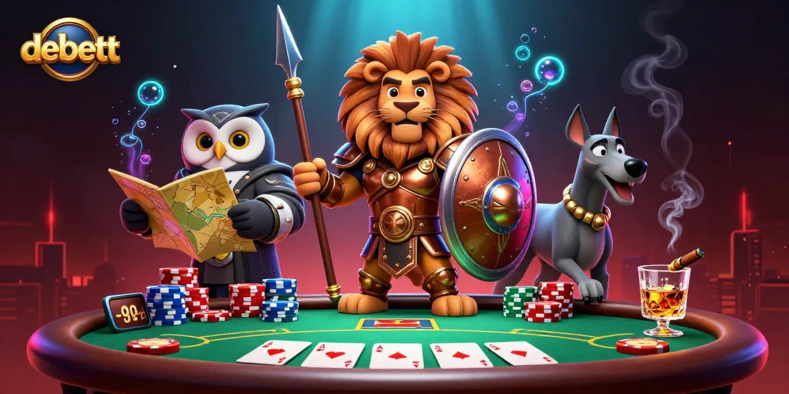 debett showcases a lively poker scene featuring a Spartan lion, strategic owl, and swift greyhound.