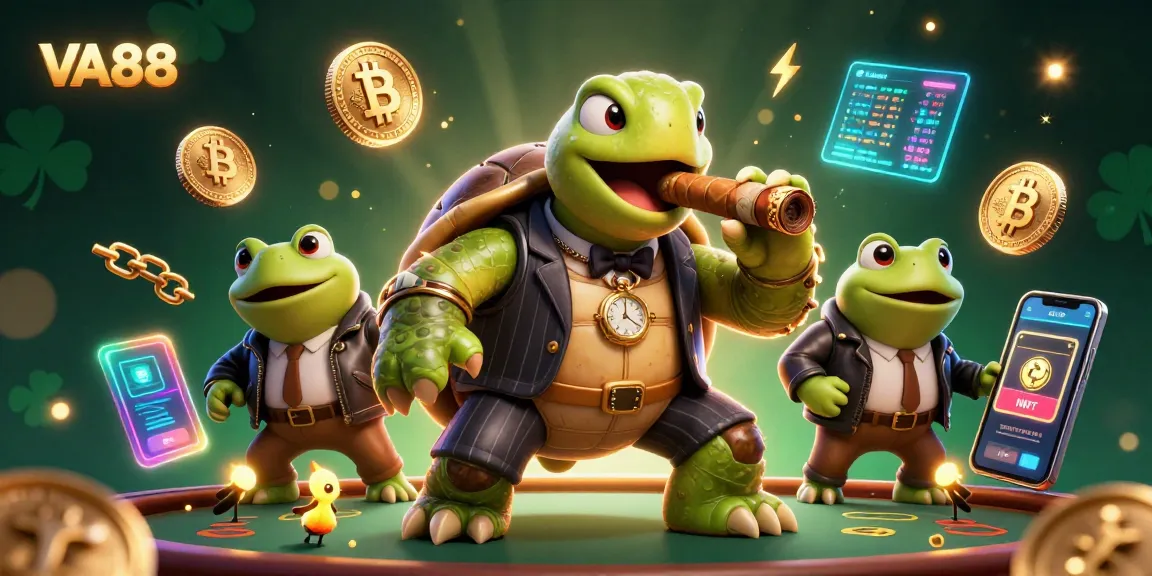 Engage with VA88 as the snapping turtle explores vibrant casino elements in a dynamic illustration.