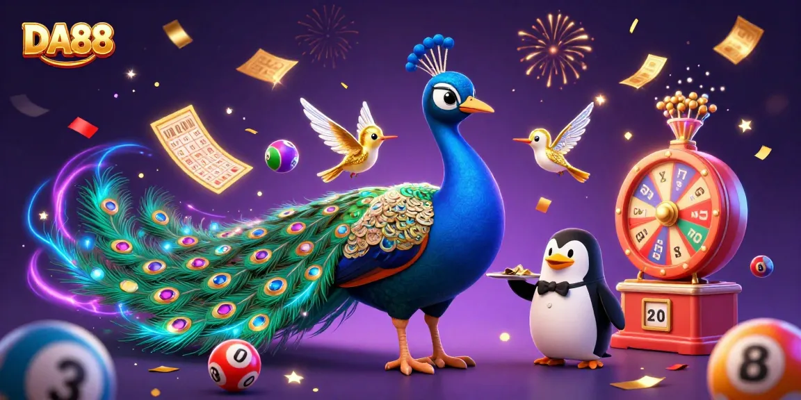Experience the excitement of DA88 with vibrant lottery elements and casino characters in action.