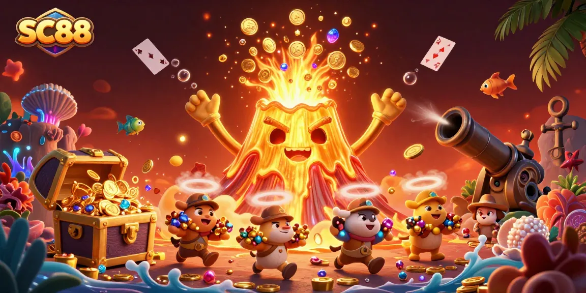 Engage with SC88's thrilling casino adventures featuring a golden volcano erupting treasures.