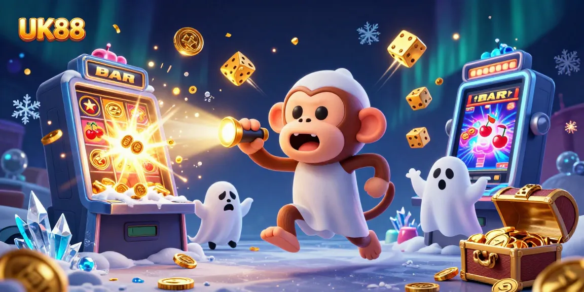 Experience the excitement at UK88 with a mystical monkey and ghost-hunter puppy in a vibrant casino scene.