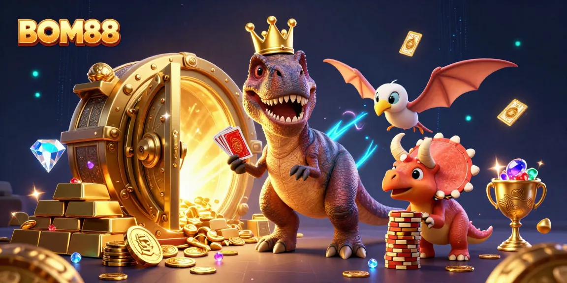 BOM88's exciting 3D casino scene with characters and vibrant gambling elements showcasing fun card play and chip stacking.