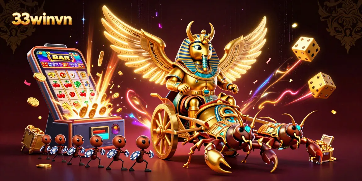 Engage with the vibrant 33winvn casino world, featuring a golden scarab and jackpot symbols, immersive gaming experience.