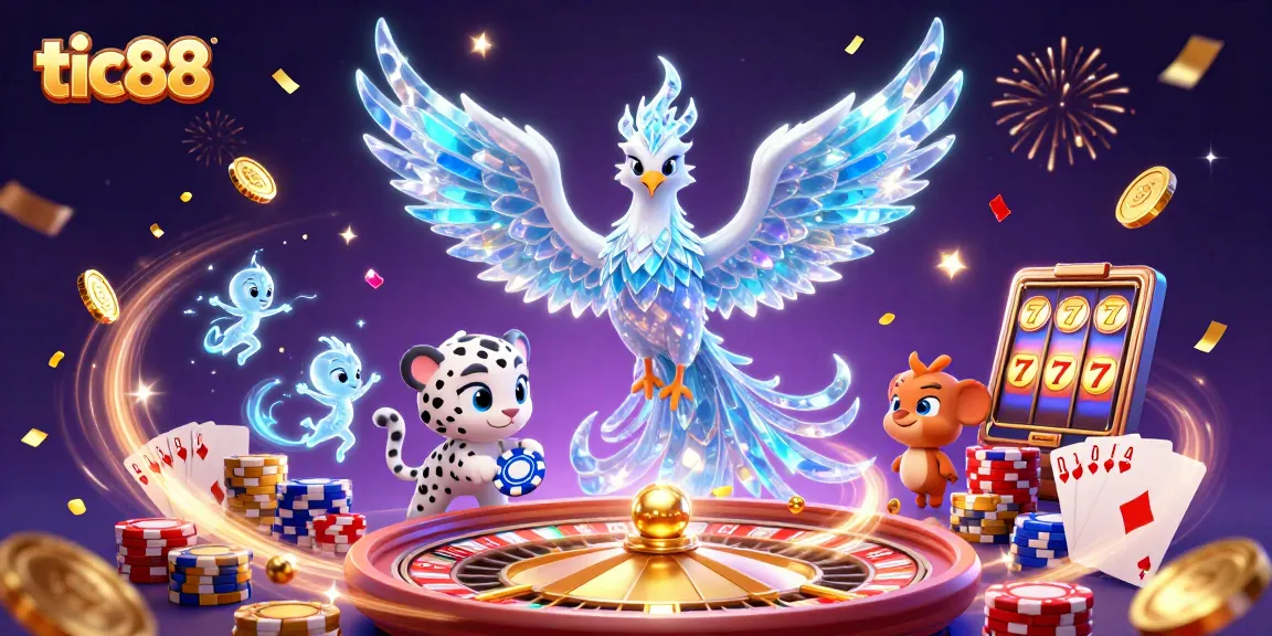Win big at tic88 with colorful casino illustrations featuring a phoenix and poker activities.
