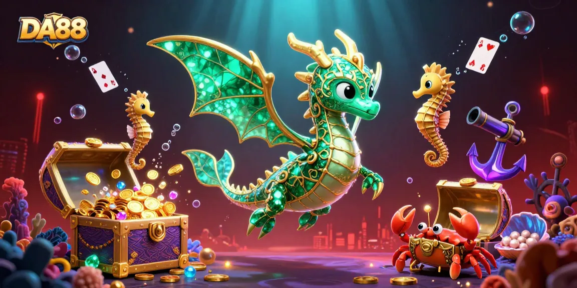 Experience DA88's vibrant underwater world with a dragon and treasure chest in this casino-themed illustration.