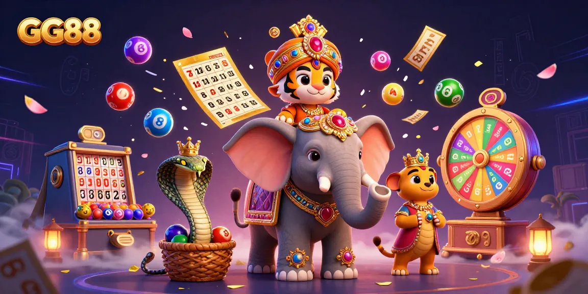 Experience GG88's vibrant casino scene with a jewel-encrusted elephant and dynamic lottery elements.