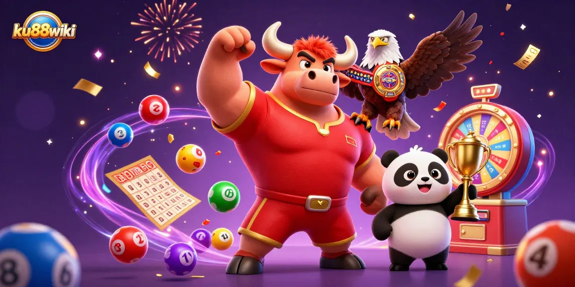 ku88wiki celebrates with a bull mascot, eagle champion, and panda trophy amidst vibrant casino symbols