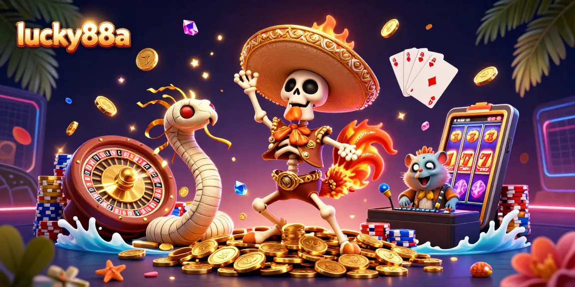 Experience thrilling wins with lucky88a, where colorful characters celebrate on golden coins amidst cascading casino elements.