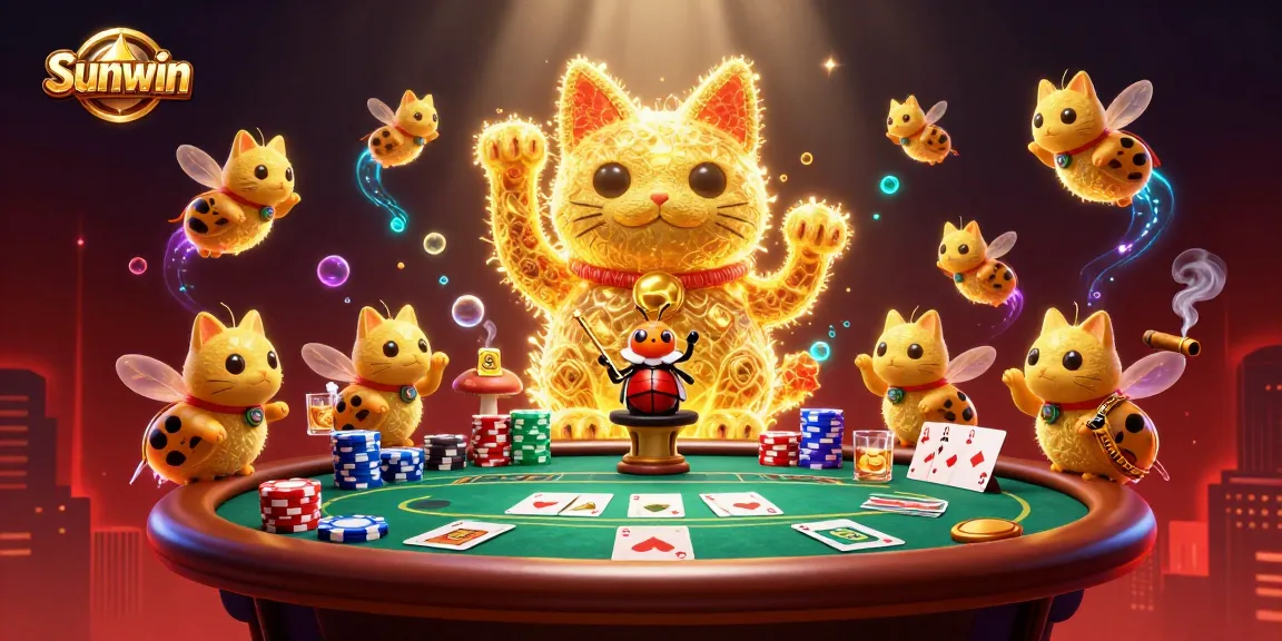 Experience Sunwin's vibrant casino atmosphere with a lucky cat and dynamic poker scene.