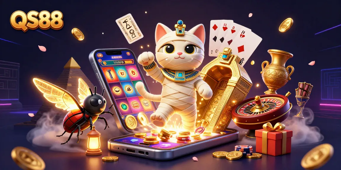 Experience thrilling gaming at QS88 with a vibrant mummy cat and magical elements in a bustling casino.