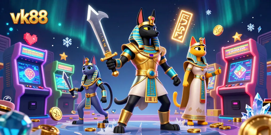 Play at vk88 for thrilling casino action with Anubis and Bastet in vibrant 3D illustration.