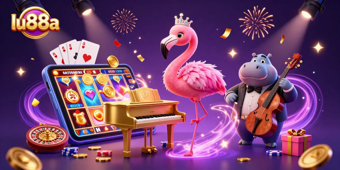 Engage in thrilling gameplay at lu88a with an exciting casino scene featuring a flamingo singer and hippo bassist.