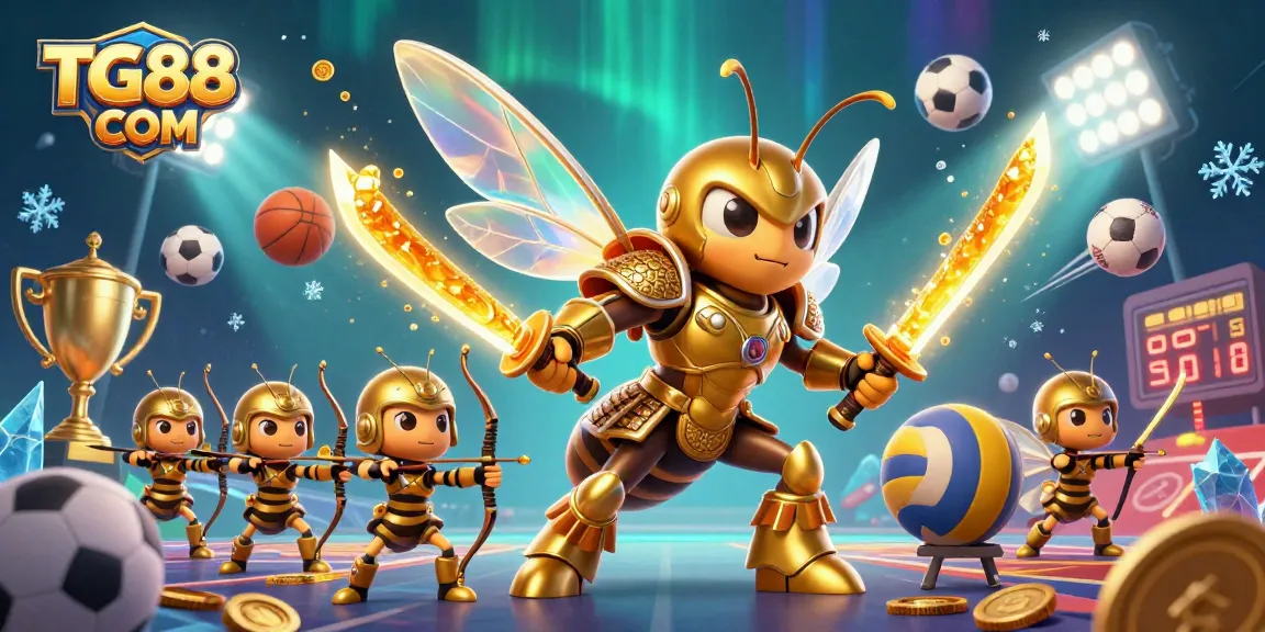 Engage with thrilling games at TG88 COM with a dynamic illustration of a golden hornet and sports elements.