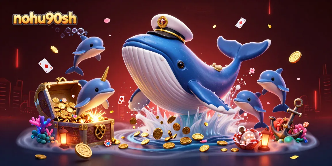 Nohu90sh showcases an exciting underwater gambling adventure with vibrant sea creatures amidst shimmering coins.