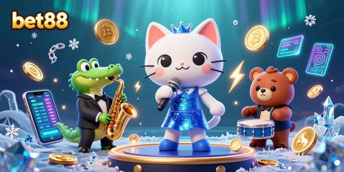 Experience the excitement of bet88 with vibrant characters and crypto elements in this illustrated casino scene.